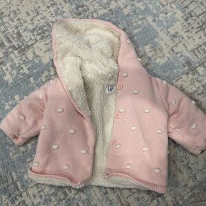 Baby Gap Pink and Cream Baby Jacket furry hooded polka dot knit 3-6m
